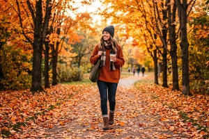 Woman Walking Among Autumn Leaves in Cornwall